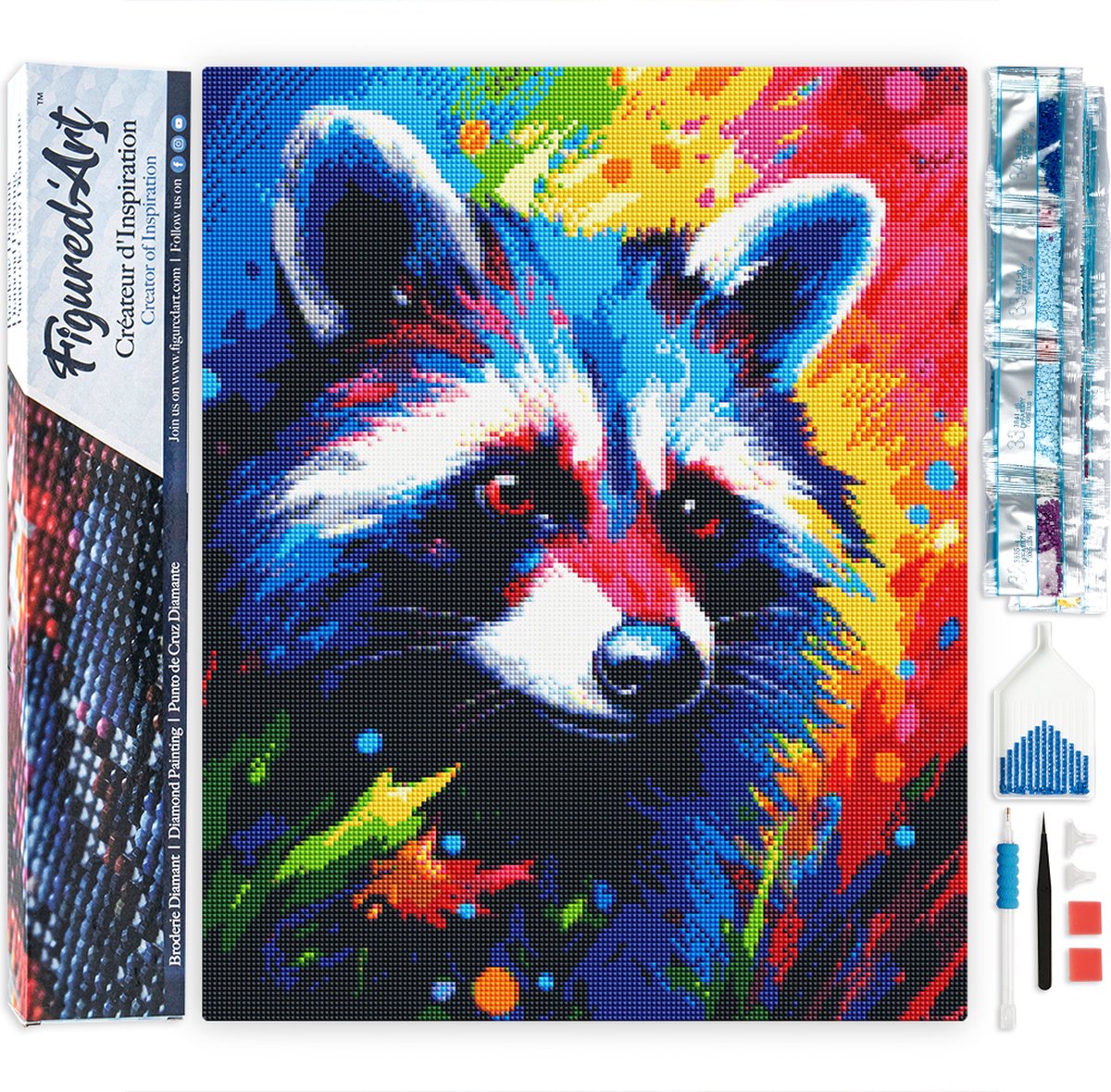 FiguredArt Diamond Painting set Volwassenen 40x50 cm Kleurrijke Abstracte Wasbeer - 5D DIY Art full drill vierkante diamant - Opgerold canvas